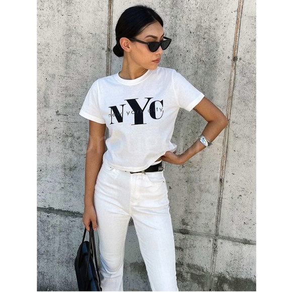 Cotton NYC Graphic Print White Crop Tee Shirt - Picture 7 of 8